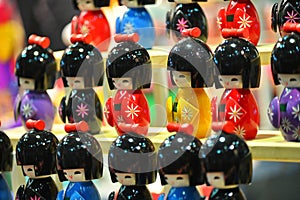 Japanese wooden kokeshi dolls in Kimono suit, which are a toy for girls and boys