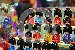 Japanese wooden kokeshi dolls in Kimono suit, which are a toy for girls and boys