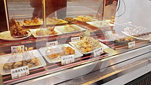 Japanese Yakitori chicken skewers in takeaway store in Tokyo