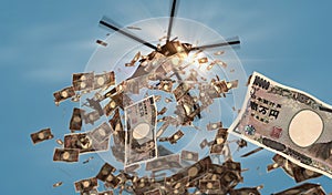 Japanese Yen 10000 banknotes helicopter money dropping 3d illustration