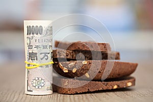 Japanese yen banknotes and black bread