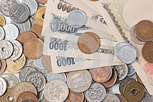 Japanese yen banknotes and coins. finance concept.