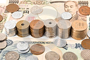 Japanese yen banknotes and coins. finance concept.