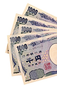 Japan money, Japanese 1000 Yen currency bills isolated on white background