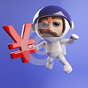 Japanese Yen currency symbol pursued in 3d space by floating astronaut
