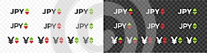 Japanese yen, JPY with up and down arrow currency exchange rate vector design. Foreign currencies, exchange rates value graphic