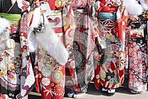 Japanese young women wearing traditional kimono