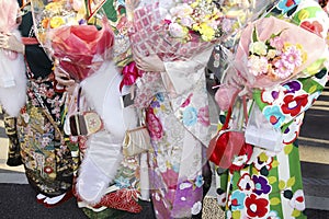 Japanese young women wearing traditional kimono