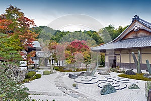 Japanese zen garden during autumn at Enkoji temple in Kyoto, Japan