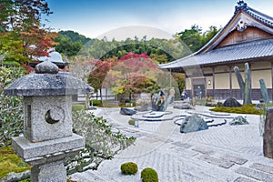 Japanese zen garden during autumn at Enkoji temple in Kyoto, Japan