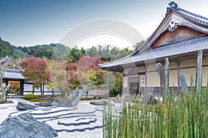 Japanese zen garden during autumn at Enkoji temple in Kyoto, Japan