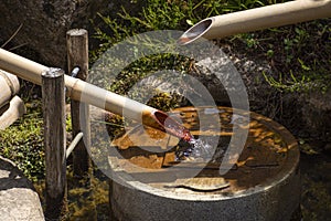 Japanese zen garden bamboo and stone water fountain