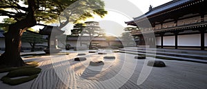 Japanese Zen garden in early morning sunlight