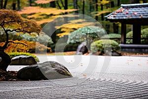 Japanese Zen Garden: Harmony of Rocks, Raked Sand and Groomed Foliage