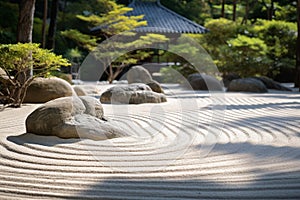 Japanese Zen Garden: Harmony of Rocks, Raked Sand and Groomed Foliage