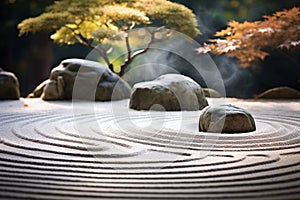 Japanese Zen Garden: Harmony of Rocks, Raked Sand and Groomed Foliage