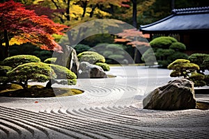 Japanese Zen Garden: Harmony of Rocks, Raked Sand and Groomed Foliage
