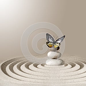 Japanese zen garden meditation stone concentration and relaxation sand and rock with butterfly for harmony and balance.