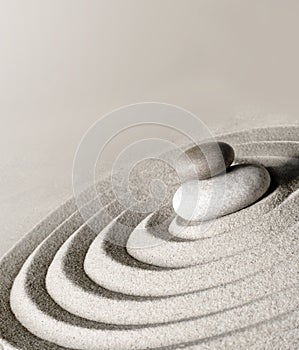 Japanese zen garden meditation stone, concentration and relaxation sand and rock for harmony and balance