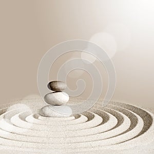 Japanese zen garden meditation stone, concentration and relaxation sand and rock for harmony and balance