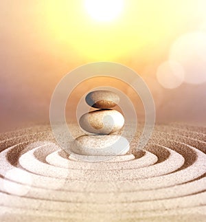 Japanese zen garden meditation stone, concentration and relaxation sand and rock for harmony and balance