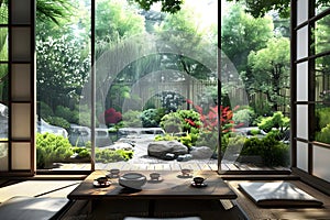 Japanese zen garden room with sunlight coming through the open window