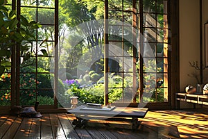 Japanese zen garden room with sunlight coming through the open window