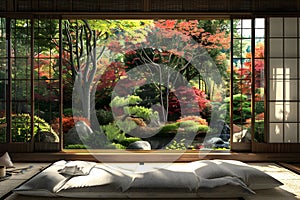 Japanese zen garden room with sunlight coming through the open window