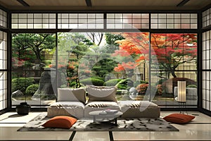 Japanese zen garden room with sunlight coming through the open window