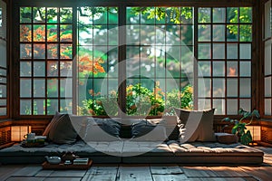 Japanese zen garden room with sunlight coming through the open window photo