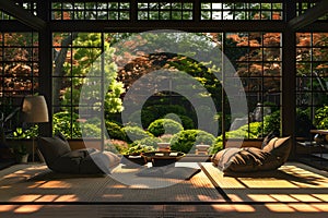 Japanese zen garden room with sunlight coming through the open window photo