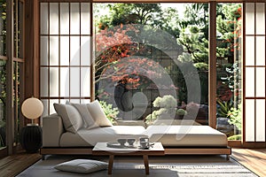 Japanese zen garden room with sunlight coming through the open window photo