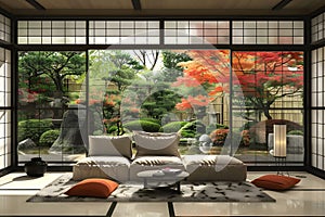 Japanese zen garden room with sunlight coming through the open window photo