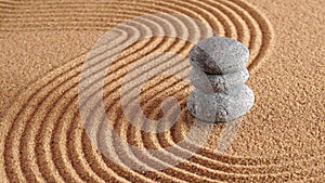 Japanese zen garden with stone in textured sand