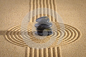 Japanese ZEN garden with yin yang stone in textured sand