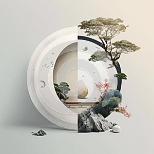 Japanese Zen theme, an illustration of a tree, rocks and a small hut in a round frame with mountains in the background, generative