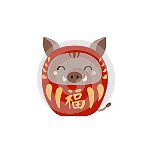 Japanese zodiac sign, cute cartoon boar daruma doll character illustration.