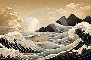 JapaneseArt landscape and ocean sea background with hand drawn in vintage style