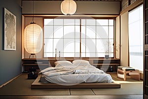 japanesestyle bedroom, with minimalist furnishings and natural textures