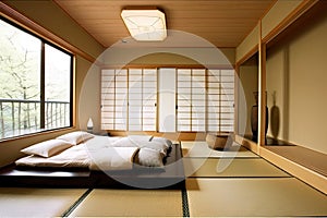 japanesestyle bedroom, with minimalist furnishings and natural textures photo