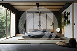 japanesestyle bedroom, with minimalist furnishings and natural textures photo