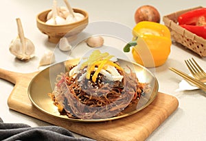 Japchae Korean Cuisine Glass Chapchae Noodles Dish with Vegetables and Meat. Asian Traditional Food, Korean Authentic Meal