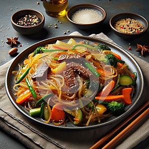 Japchae, Sweet potato noodles stir-fried with vegetables and sometimes beef, seasoned with soy sauce and sesame oil