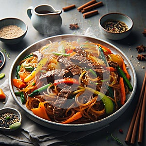 Japchae, Sweet potato noodles stir-fried with vegetables and sometimes beef, seasoned with soy sauce and sesame oil