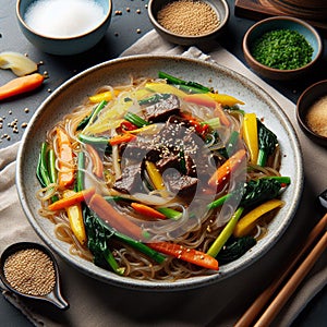 Japchae, Sweet potato noodles stir-fried with vegetables and sometimes beef, seasoned with soy sauce and sesame oil 4