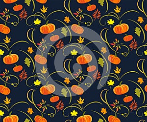 Vector autumn leaves and pumpkin seamless pattern. Creative background with leafs. Print for card, textile, cloth, scrapbooking