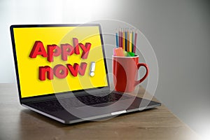 Japply now oin us concept Businessman working at office JOIN OUR TEAM stock photo