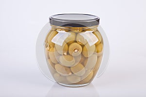 Jar of almond stuffed green olives