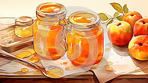 A jar of apple jam and apples on the table. Marmalade and fruits on the table, watercolor illustration.