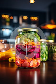 Jar of assorted brined lacto-fermented pickles on a wooden table with desaturated background. photo